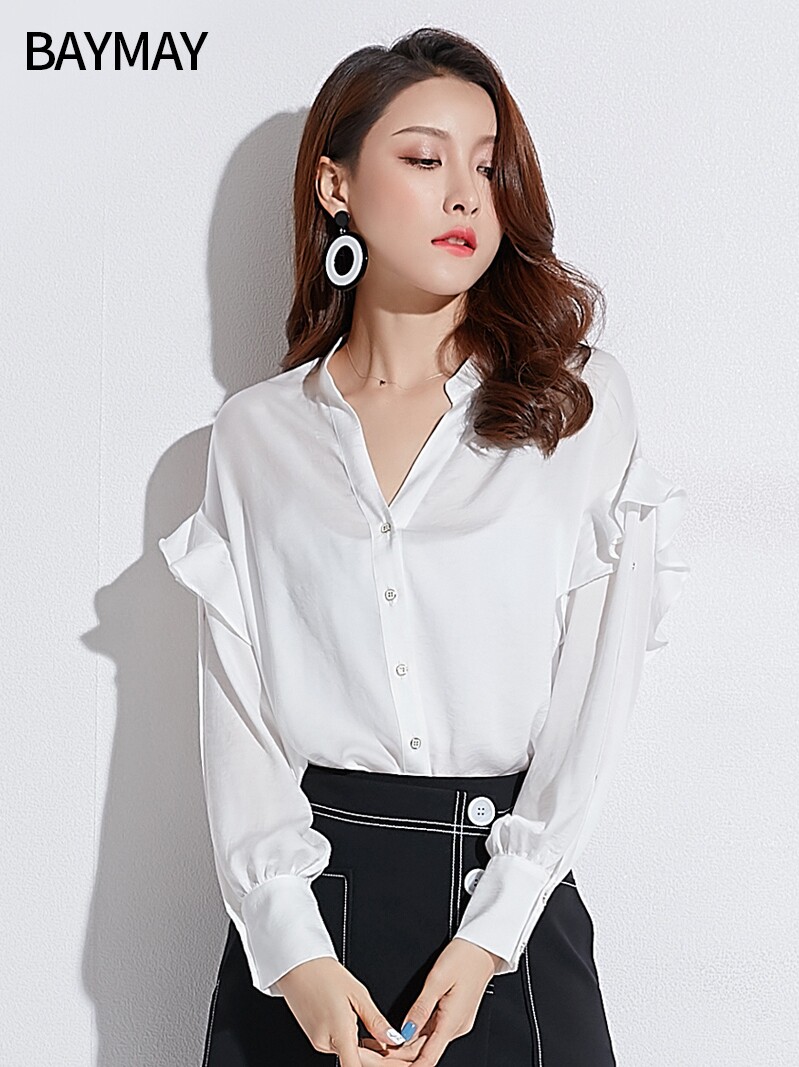 BAYMAY2019 new pattern Korean Edition Women's wear spring clothes Western style Easy shirt Lotus leaf V-neck sexy Chiffon jacketin the Women's clothing/Boutique , Lace shirt/Chiffon shirt  category - from Buy2taobao.com to provide professional Taobao agent buy service