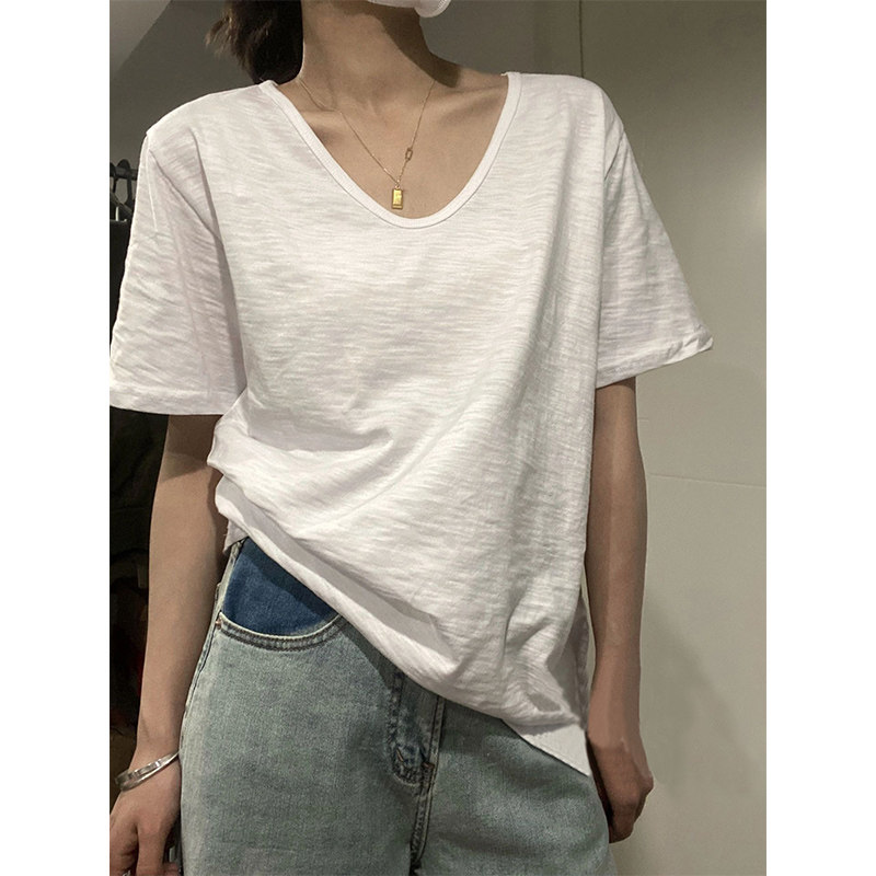 竹节棉短袖t恤女白色V领上衣夏季薄款宽松慵懒设计感纯色打底衫