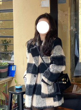 古西装毛呢格子外套女