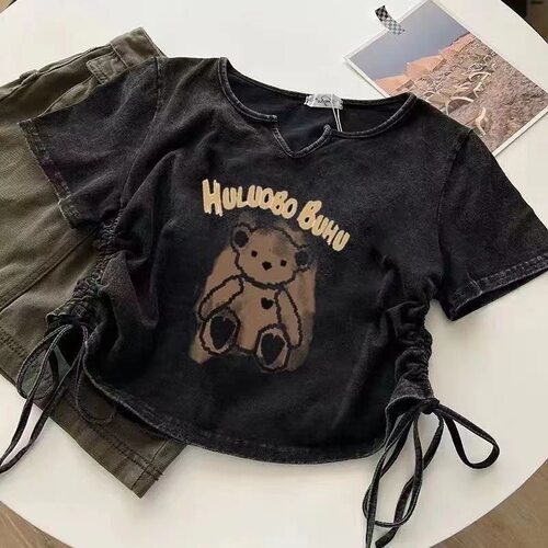 设计感水洗做旧卡通印花短袖T恤新款辣妹抽绳短款显瘦情侣上衣潮