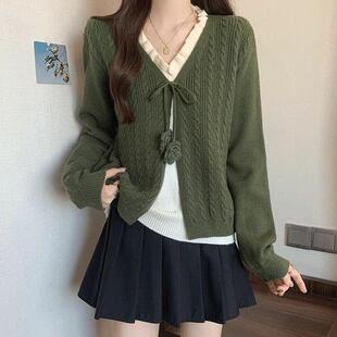 美式小众法式V领系带假两件毛衣女秋冬气质显瘦独特超好看针织衫