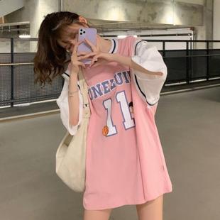 宽松中长款 假两件篮球服t恤女夏季 学生韩版 新款 ins潮性感 球衣短袖