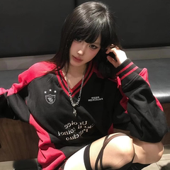 2025新款美式复古撞色V领卫衣女早秋宽松潮牌慵懒风套头长袖上衣
