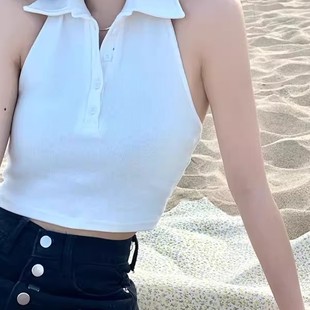 2025夏季 纯色百搭短款 POLO领背心女法式 新款 上衣女潮 独特修身 无袖