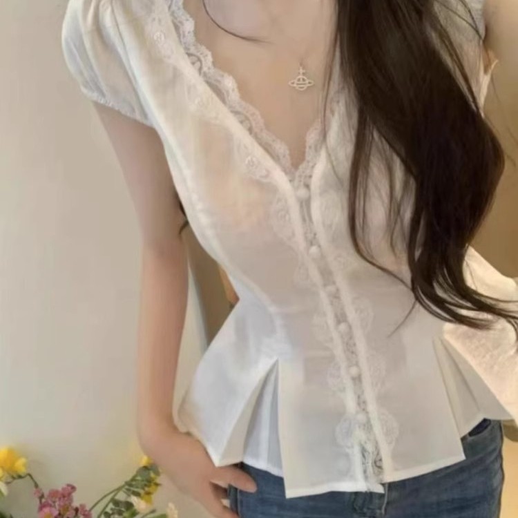 法式蕾丝花边V领短袖白色衬衫夏季韩系chic小衫修身显瘦上衣女潮