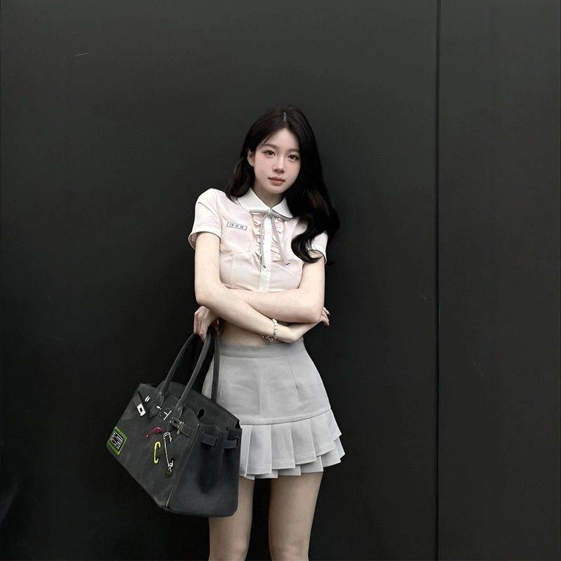 韩系纯色甜辣chic百褶裙子