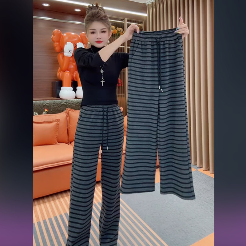 条纹加绒长裤子女秋冬季2025新款