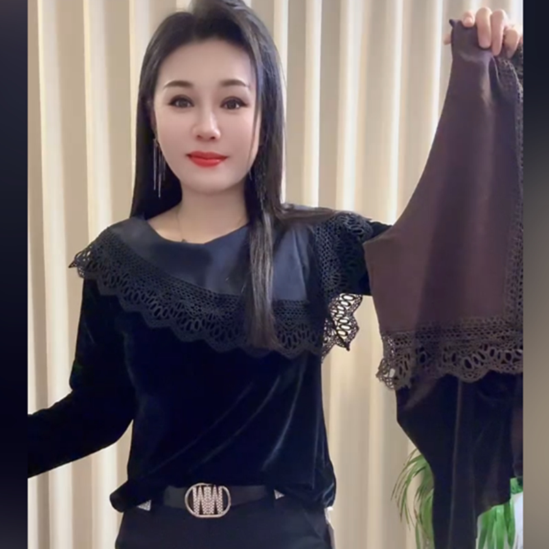 秋季丝绒蕾丝拼接假两件长袖T恤图片