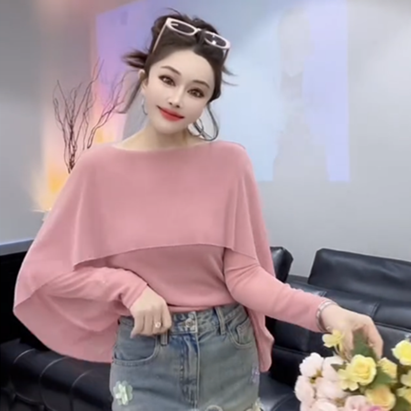 高级感蓝色斗篷披肩正肩长袖T恤衫女早春新款打底衫雪纺上衣百搭