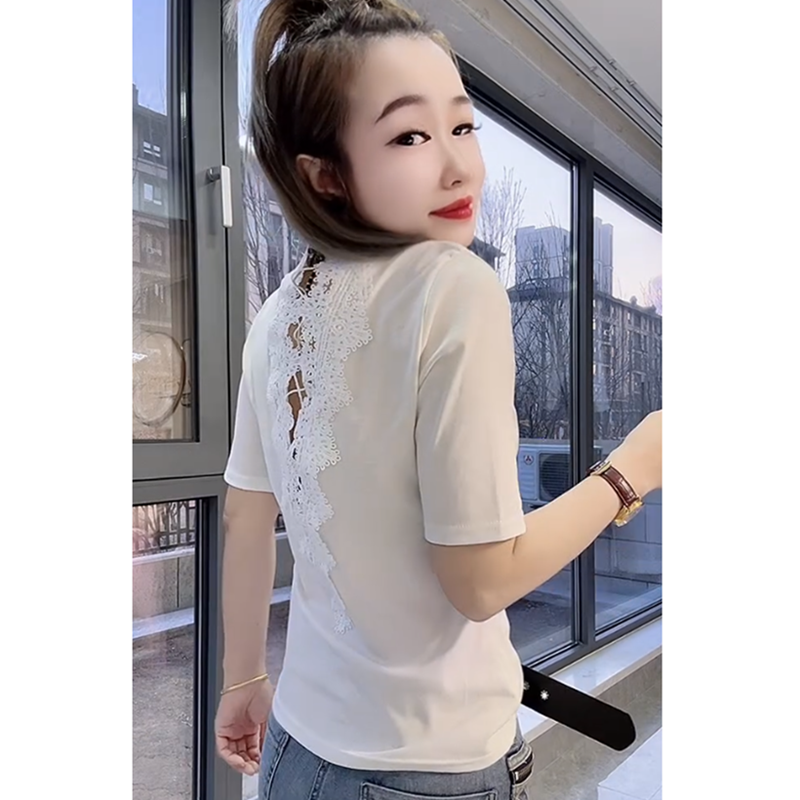 2025春季新款V领显瘦T恤女性感蕾丝拼接短袖时尚百搭洋气短袖上衣