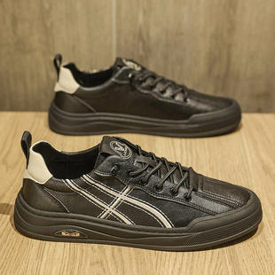 鞋子男鞋春季休闲板鞋男高级感一脚蹬皮鞋年轻人免系鞋带黑色潮鞋