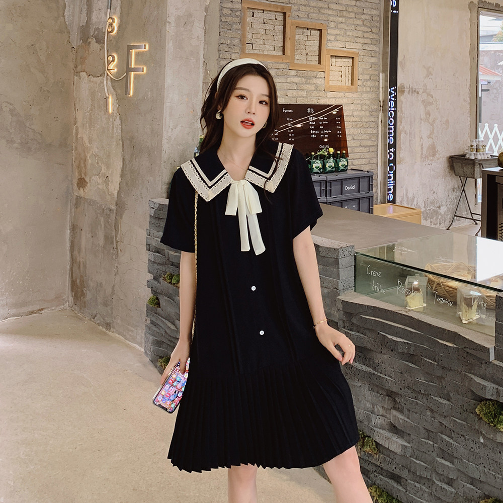 法式娃娃领连衣裙女夏2025新款高端精致小个子宽松显瘦雪纺百褶裙,女装连衣裙,浙宝103（原192）