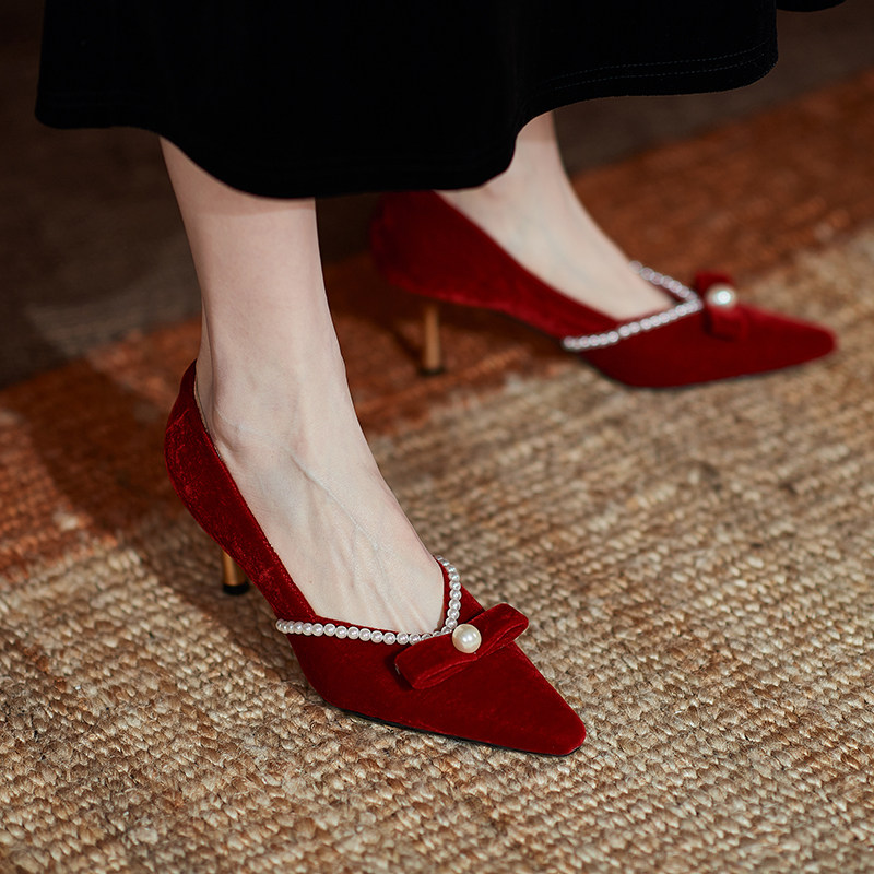 邪匠原创 尖头浅口珍珠蝴蝶结单鞋女2021早春新款婚鞋细高跟单鞋