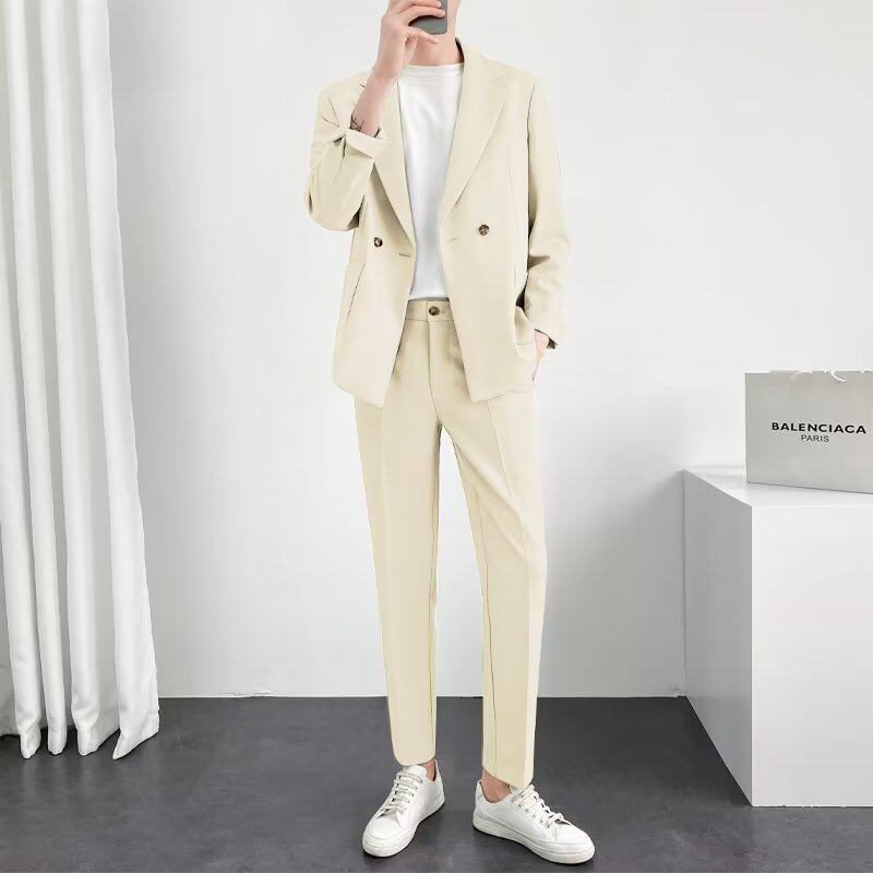 雅痞帅浅色系西服套装男士修身韩版港风高级感休闲小西装外套宽松