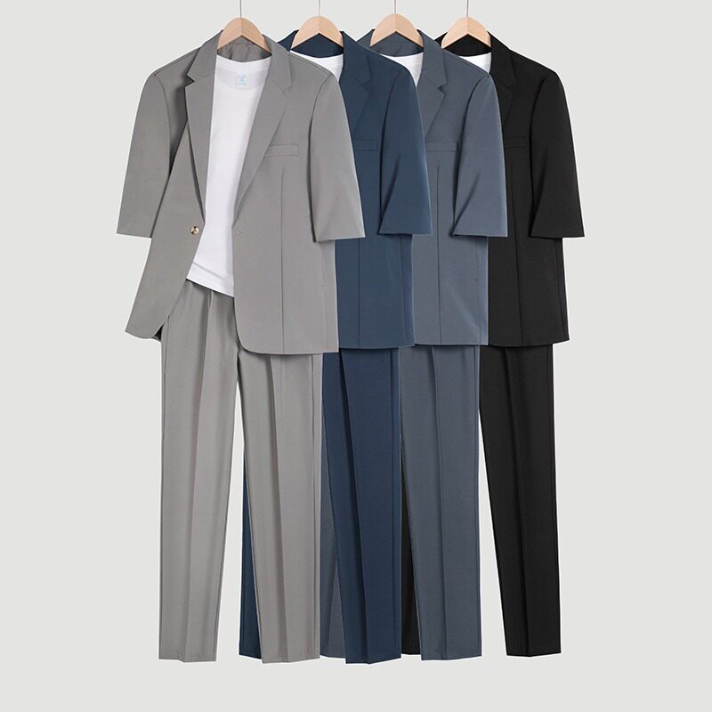 夏季冰丝薄款小西装套装男休闲韩版潮牌痞帅高级感七分袖西服外套