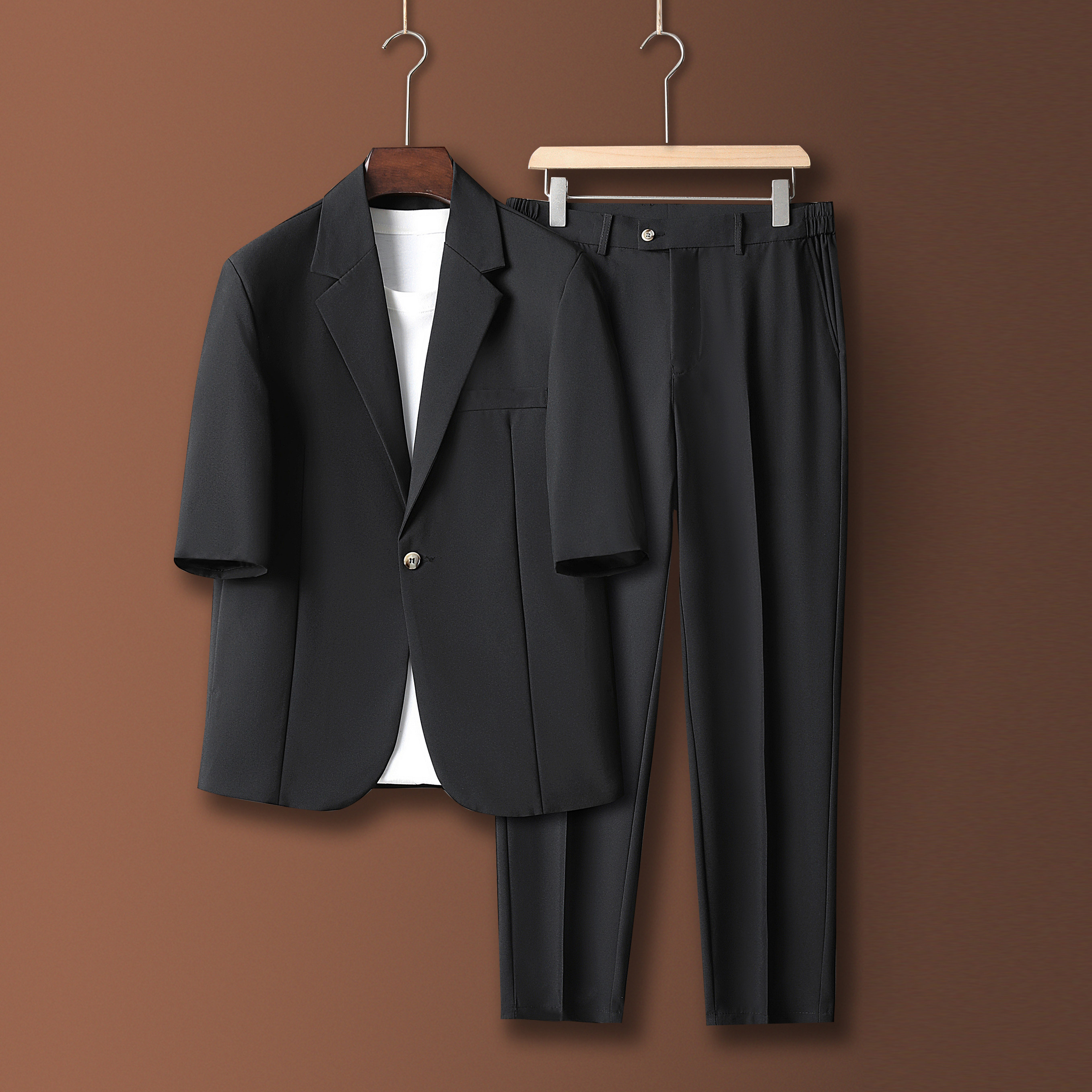 高级感七分袖休闲西服套装男宽松韩版帅气潮流轻熟风短袖西装外套