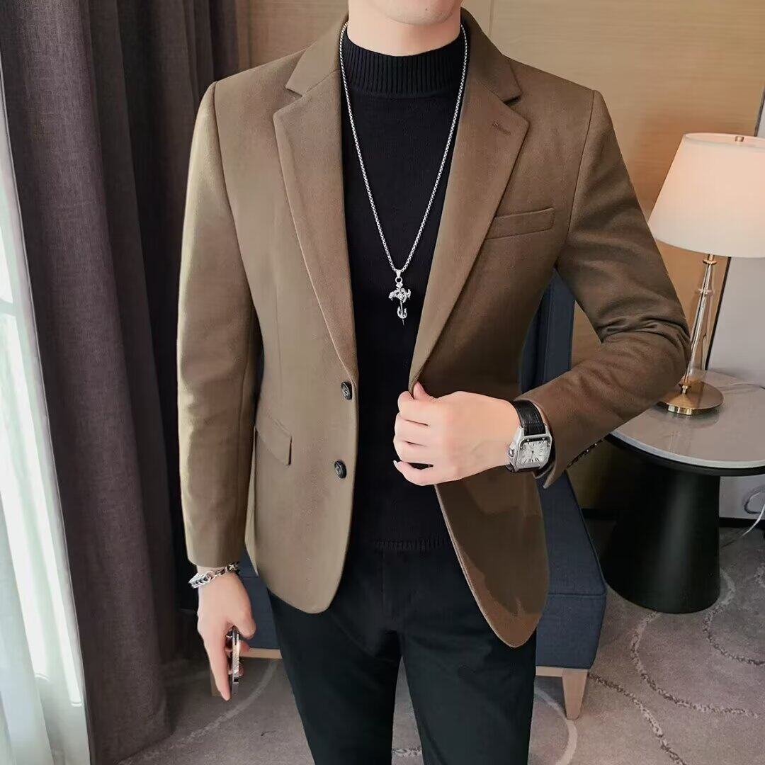 棕咖色复古加厚毛呢西装外套男轻熟风高级感商务修身休闲西服单西