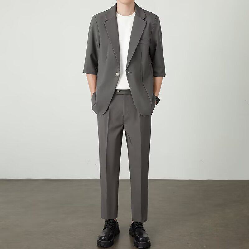 七分袖西装男士高级感套装夏季薄款短袖时尚休闲西服外套冰丝垂感