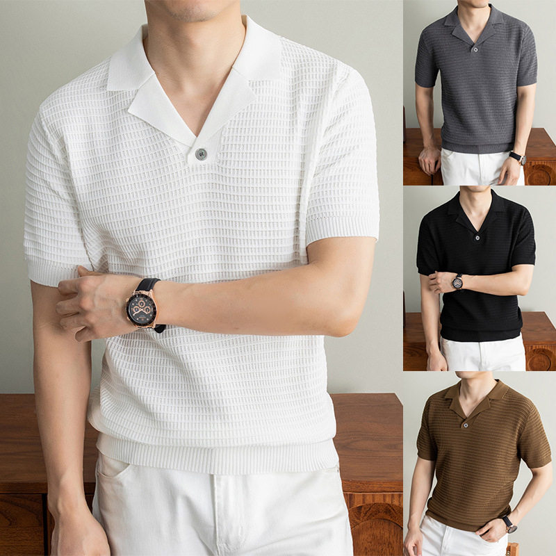 夏季古巴领POLO针织衫短袖T恤男华夫格老钱风复古商务冰丝上衣服