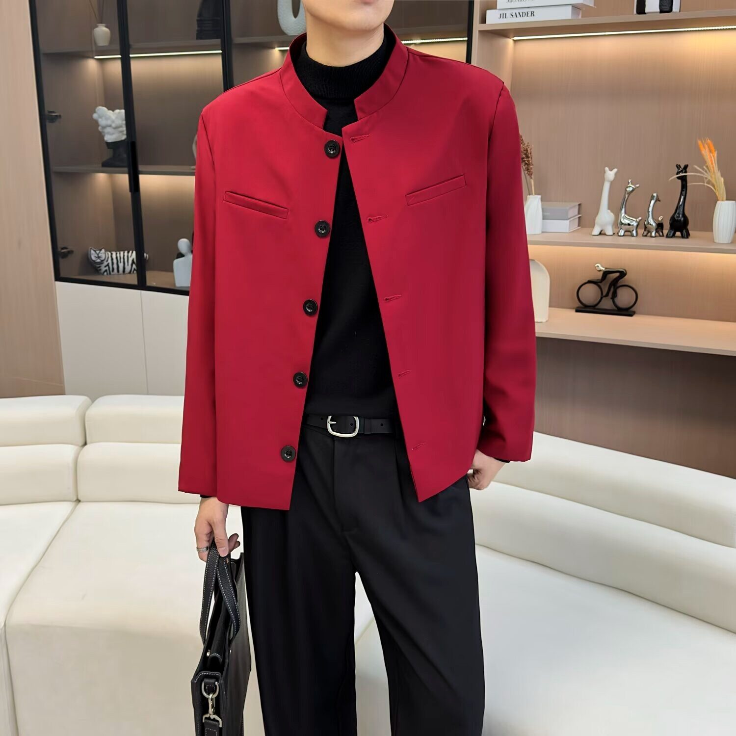 新中式立领垫肩西装外套男士高级感痞帅修身短款酒红色夹克西服潮