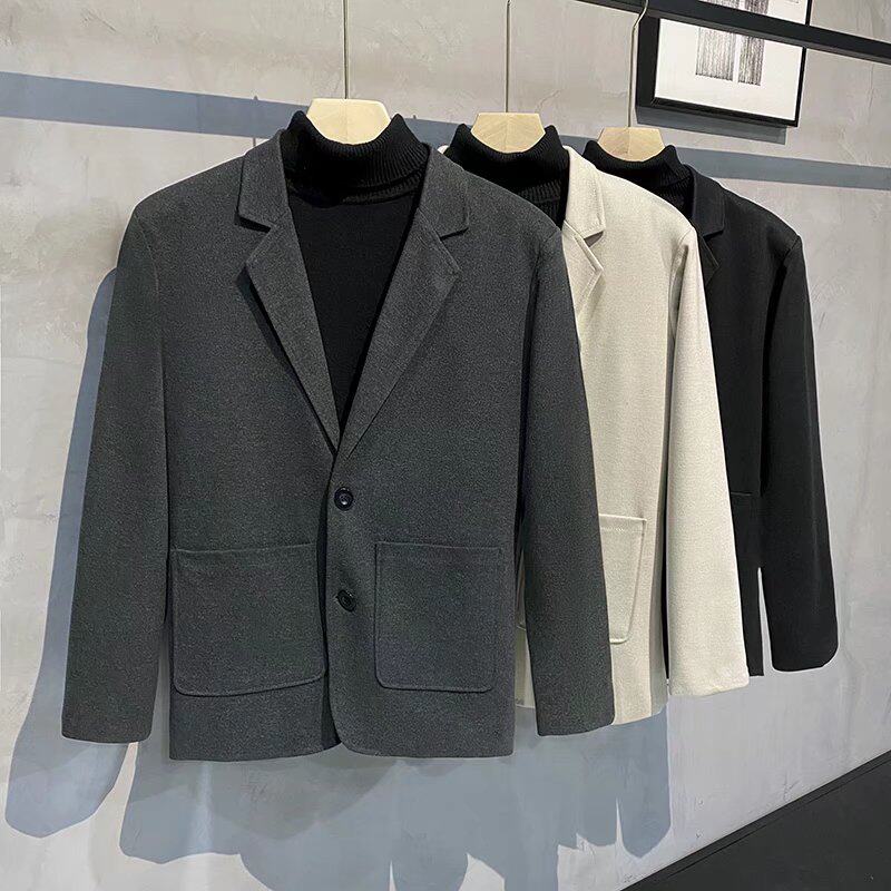 男士休闲西服套装冬季加厚高级感韩版宽松毛呢小西装外套短款大衣