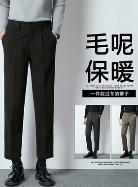 秋冬加厚毛呢保暖小西裤男直筒修身韩版九分呢料西装裤子休闲弹力