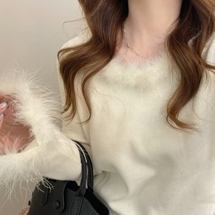 氛围聚会毛衣针织衫 小优雅毛绒拼接 上衣 少女千金感 秋家自制