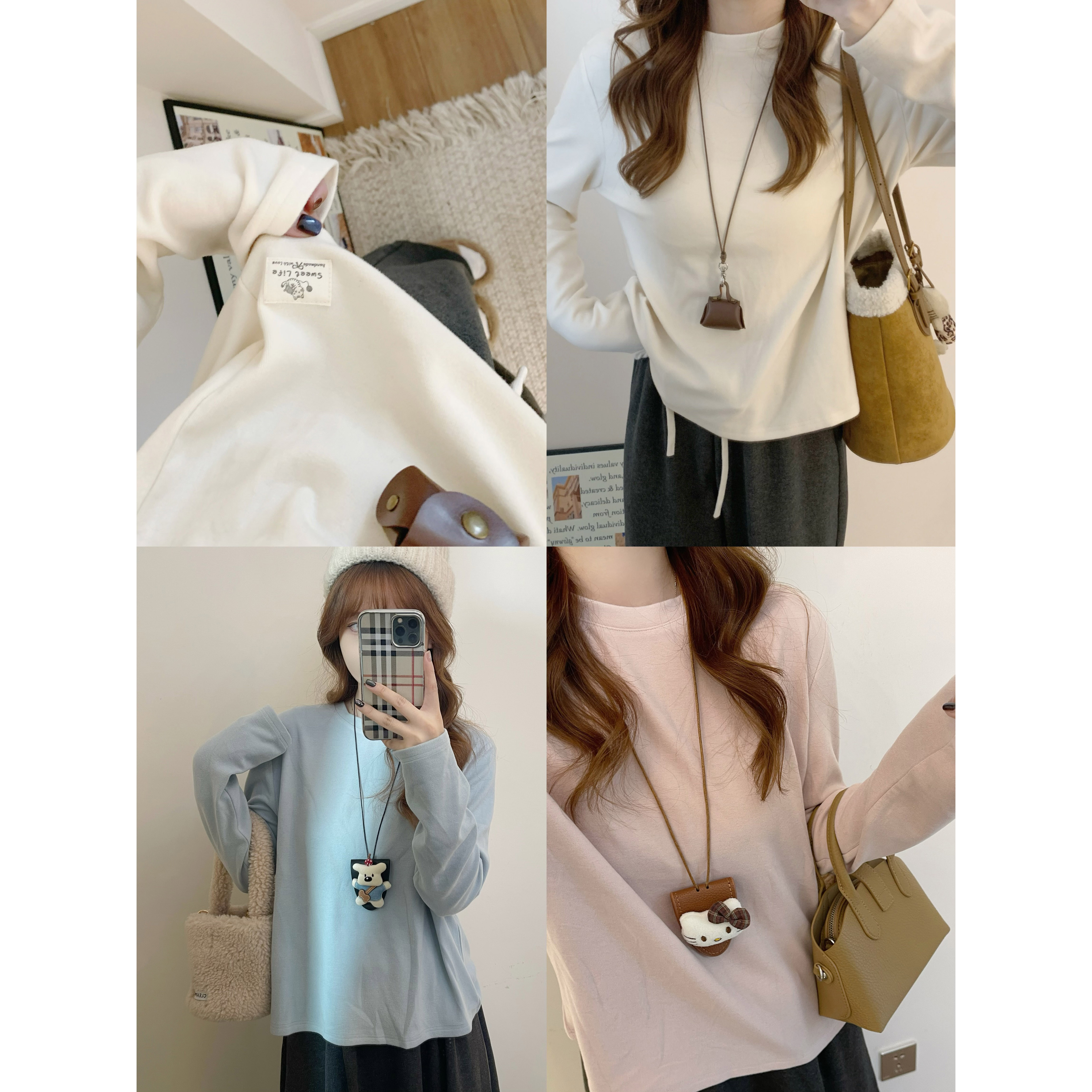 秋家自制/糯米暖绒 猫咪小贴标慵懒奶油淡色系 圆领长袖t恤内搭