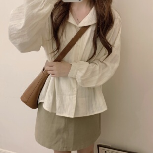 秋家自制/画报少女 磨毛柔软温柔少女细节感面料~娃娃领长袖衬衫