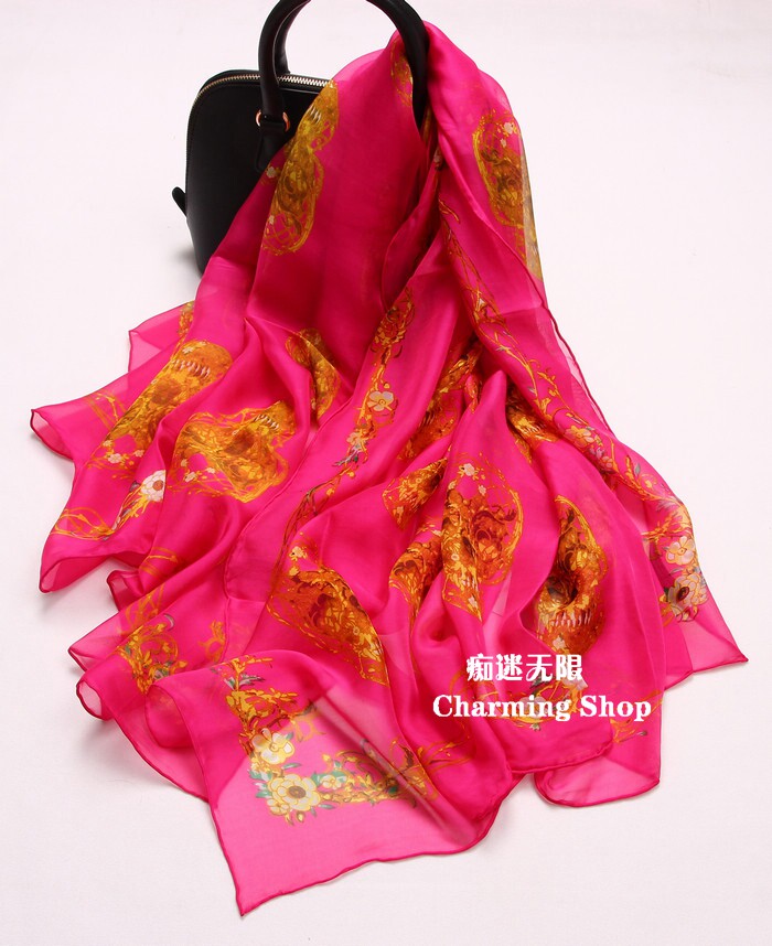 亏本甩麦子骷髅头纯真丝薄款丝巾桑蚕丝女围巾披肩超大沙滩巾玫红
