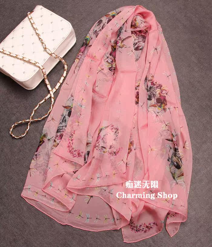 亏本蜻蜓花朵骷髅头真丝桑蚕丝丝巾女春秋冬款披肩大尺寸方巾围巾