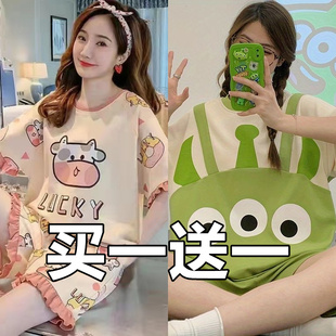 睡衣女夏短袖棉质两件套韩版卡通清新学生套装薄款女可外穿家居服