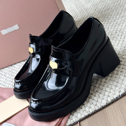 7cm金币乐福鞋 进口复古时髦牛皮粗跟厚底增高学院风小皮鞋单鞋女