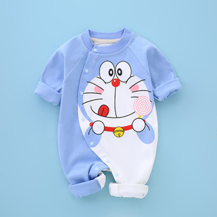 二4三月龄宝宝衣服春秋搞笑创意哆啦a梦叮当猫婴儿长袖可爱连体衣