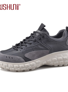 Rishun/日顺皇男鞋2023秋季休闲皮鞋厚底男士真皮透气轻便老爹鞋