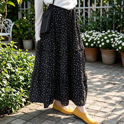 黑色碎花半身裙女夏季新