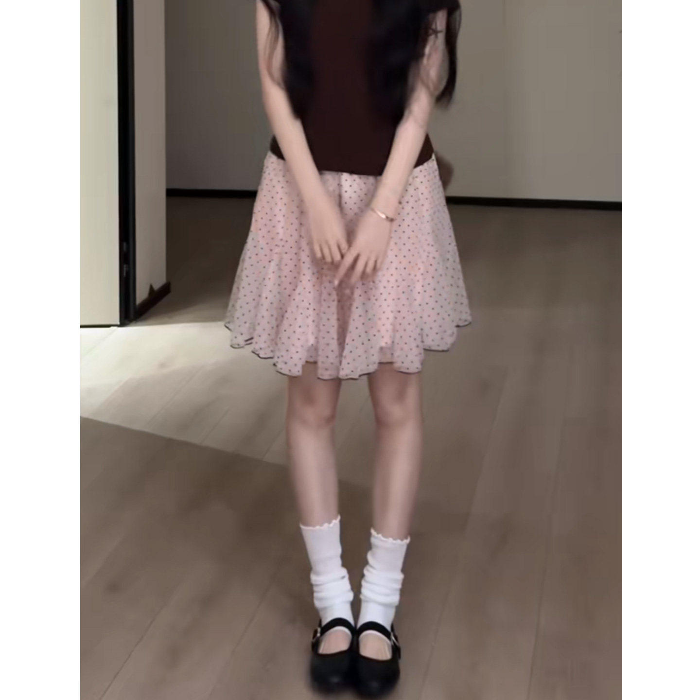 粉色韩版小众波点a字半身裙女夏季新款设计感微弹高腰小个子短裙