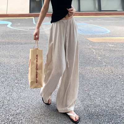 棉麻条纹宽裤女夏季薄款
