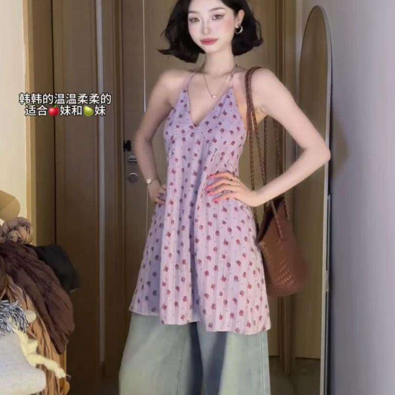 法式气质紫色碎花无袖背心洋装女夏季新款特别漂亮掐腰小裙子