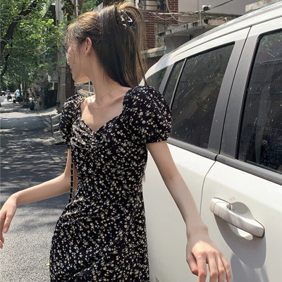 法式黑色碎花洋装子女装