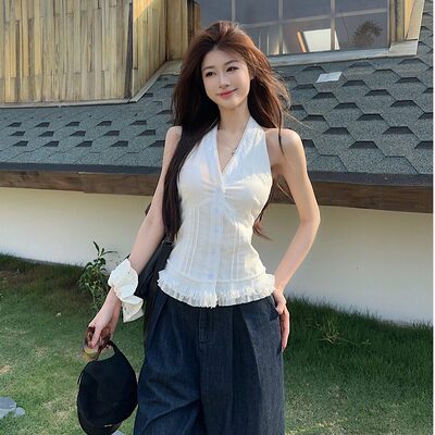 白色挂颈无袖上衣女夏穿
