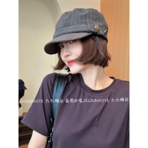 日系文艺条纹棉麻八角帽子女春夏休闲百搭复古画家帽报童帽显脸小