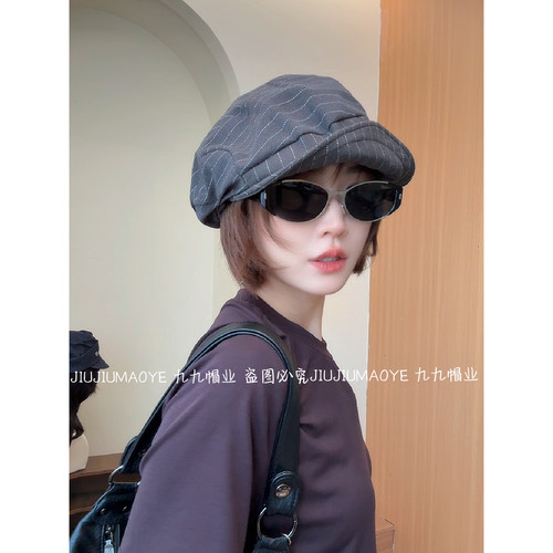 高品质亚麻条纹棉麻贝雷帽子女春夏显脸小报童帽复古画家帽潮