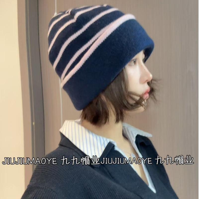 复古条纹撞色针织帽子女时尚百搭双层保暖包头帽秋冬休闲堆堆帽男
