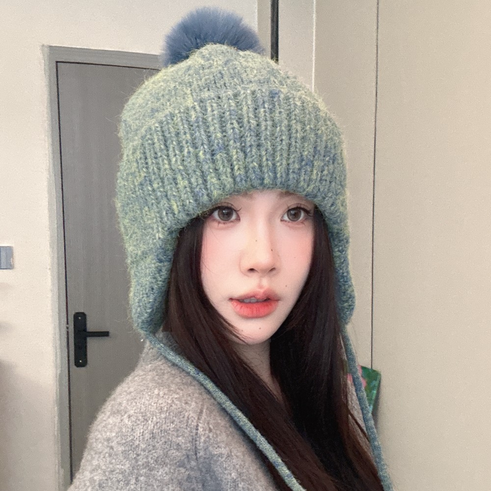 韩版甜美毛球护耳针织帽子女秋冬季户外防寒保暖毛线雷锋帽大头围