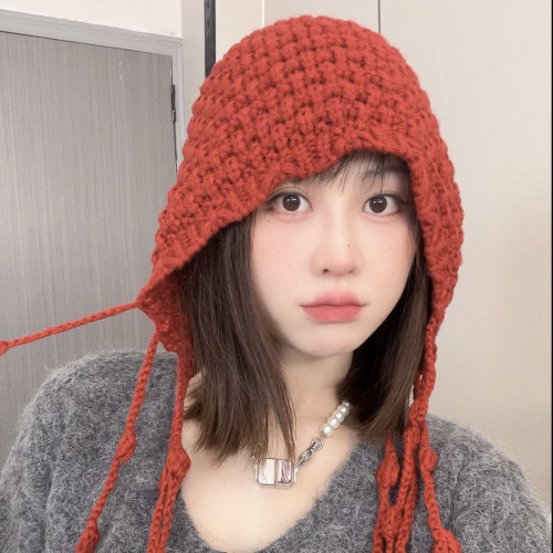 秋冬保暖护耳毛线帽子女甜美气质小仙女流苏针织帽休闲时尚包头帽