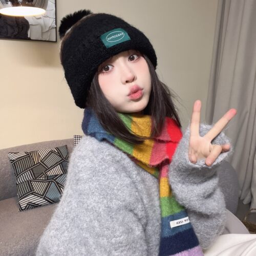2025秋冬氛围感圣诞毛线帽子女休闲百搭韩版包头帽毛球保暖毛绒帽