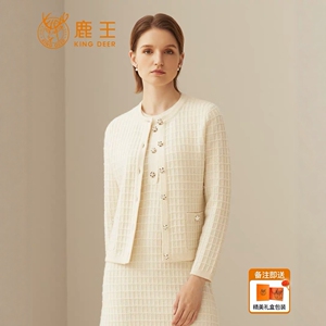 鹿王女士圆领纯山羊绒开衫秋冬百搭保暖休闲简约针织小香风外套厚