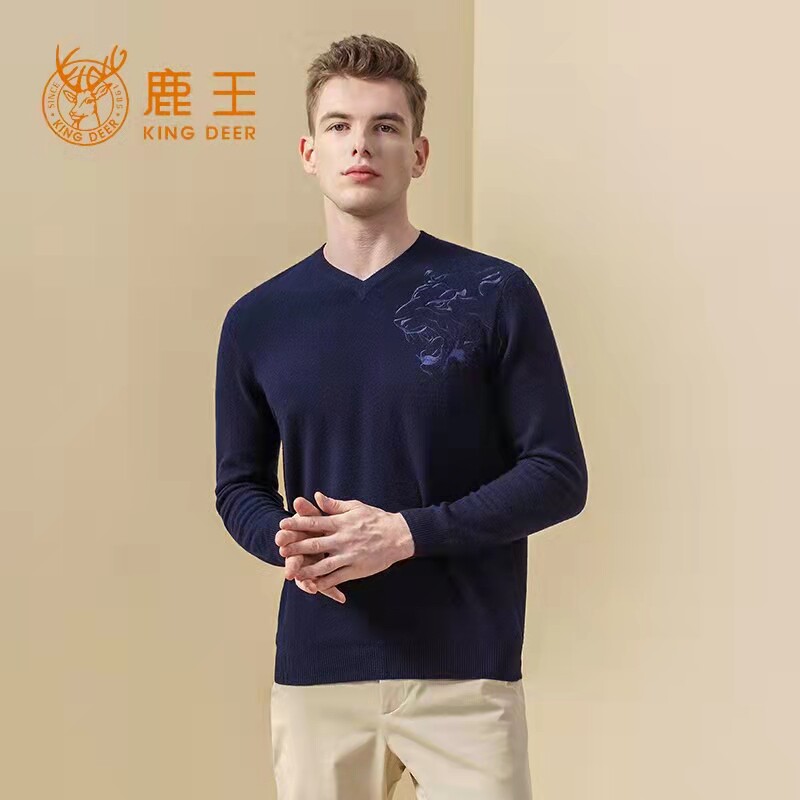 男士羊绒衫鹿王山羊绒休闲小V领