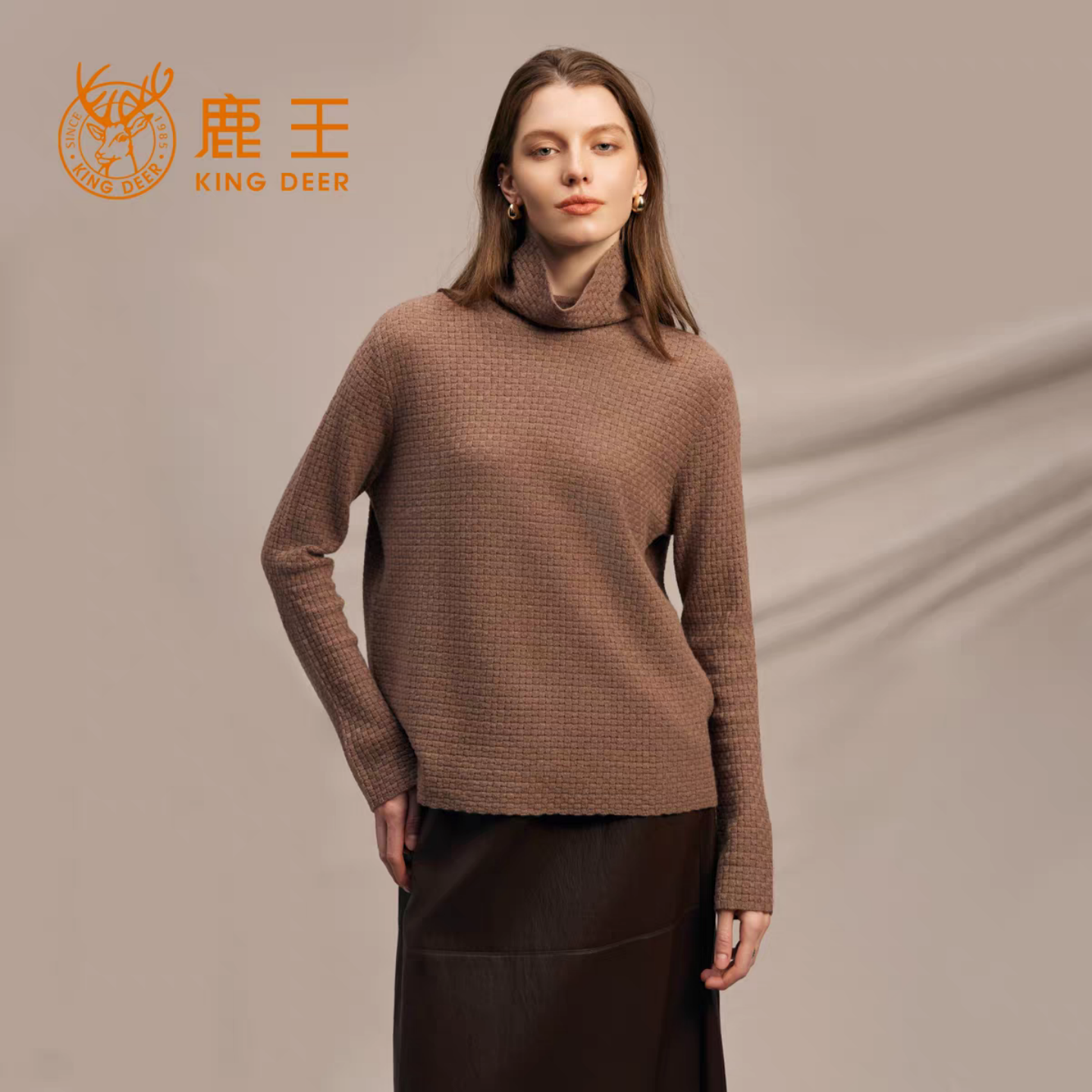 鹿王100%羊绒衫女堆堆领长袖套头针织衫极简风保暖席编组织毛衣冬